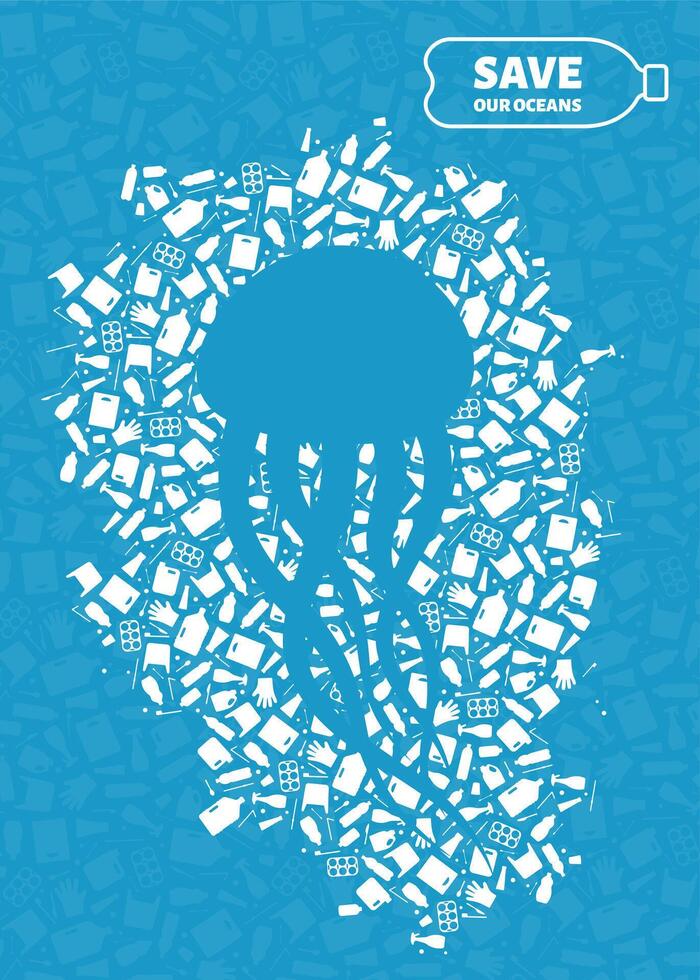 Plastic trash planet pollution concept illustration. Jellyfish marine animal silhouette cut in plastic trash flat icon spot. Single use plastic ecology crisis, marine animal life damage banner. vector