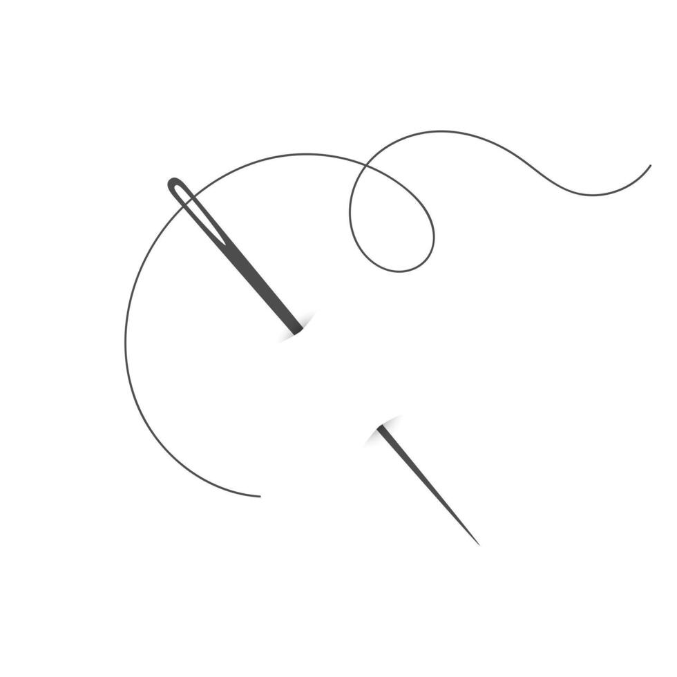 Needle and thread silhouette icon illustration. Tailor logo with needle symbol and curvy thread isolated on white background. Tailor logo template, fashion icon element, needlework instrument vector