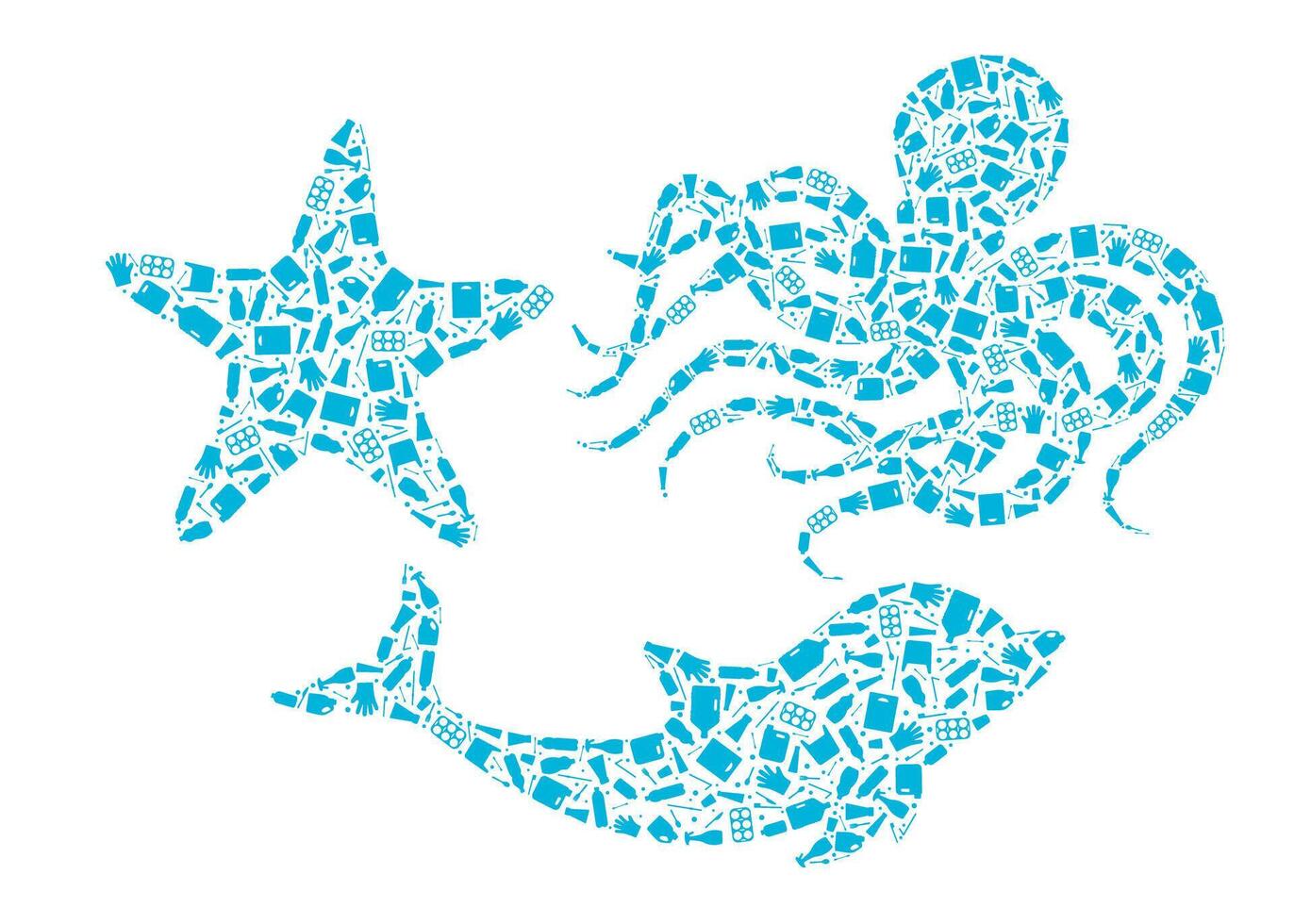 Plastic waste ocean environment problem concept illustration. Ocean animals outline set filled with plastic waste flat icons, isolated on white background. Underwater wildlife danger concept vector