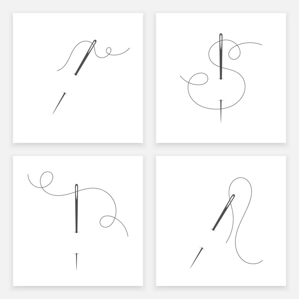 Needle and thread silhouette icon set illustration. Tailor logo with needle symbol and curvy thread collection isolated on white background. Tailor sign template, sewing instrument icon design vector
