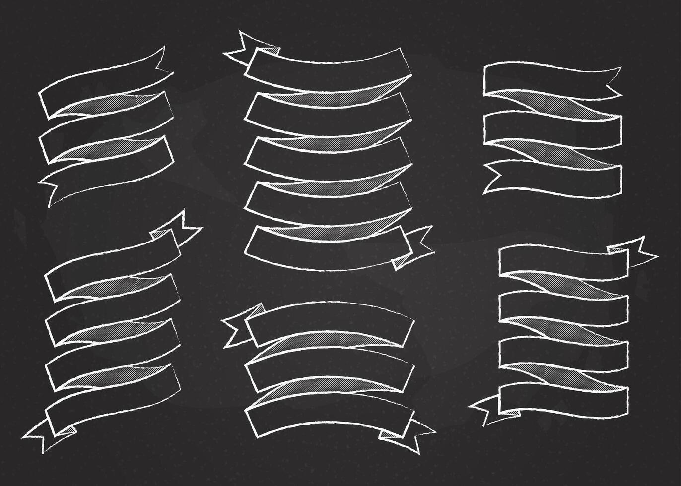 Chalk outline ribbon banner set illustration. White chalk style curved shape ribbons, scroll flags or curled labels with blank space for message, isolated on blackboard for premium offer vector