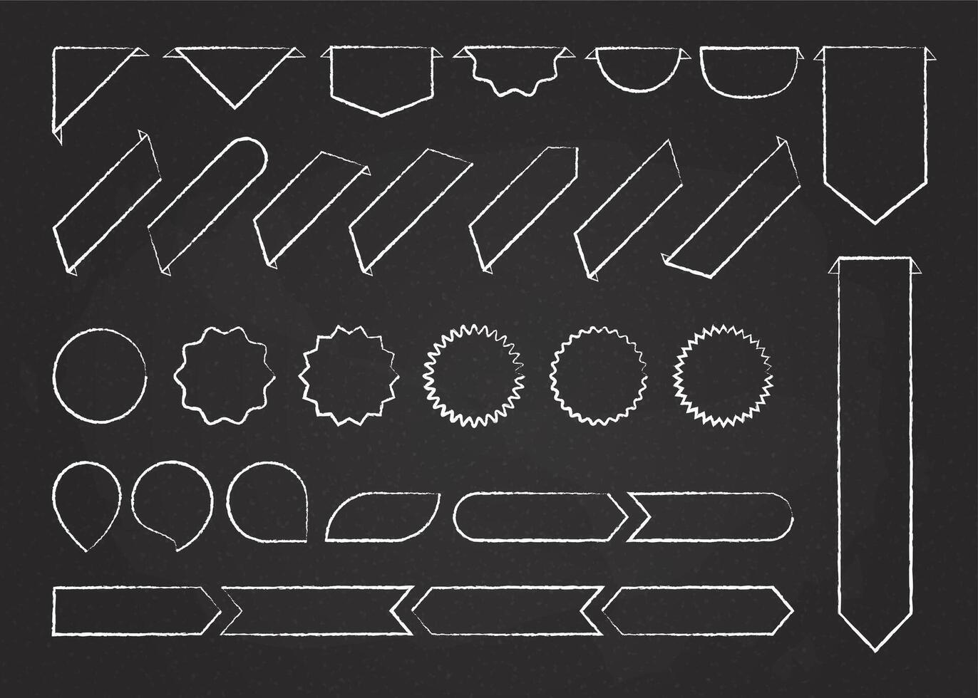 Chalk outline ribbon labels collection illustration. Chalk style white curved shape ribbons, tags, bookmarks or curled labels with blank space for message, isolated on blackboard vector