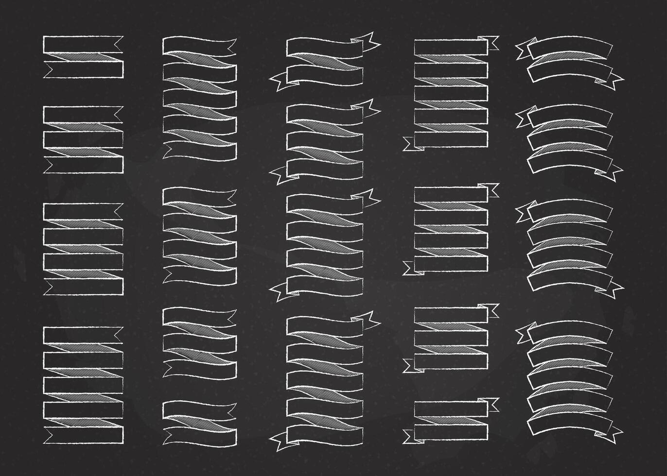 Chalk line ribbon banner set illustration. Vintage design white chalk style ribbon labels and curved scroll flags or sticker banners with blank space for modern elegant decoration vector