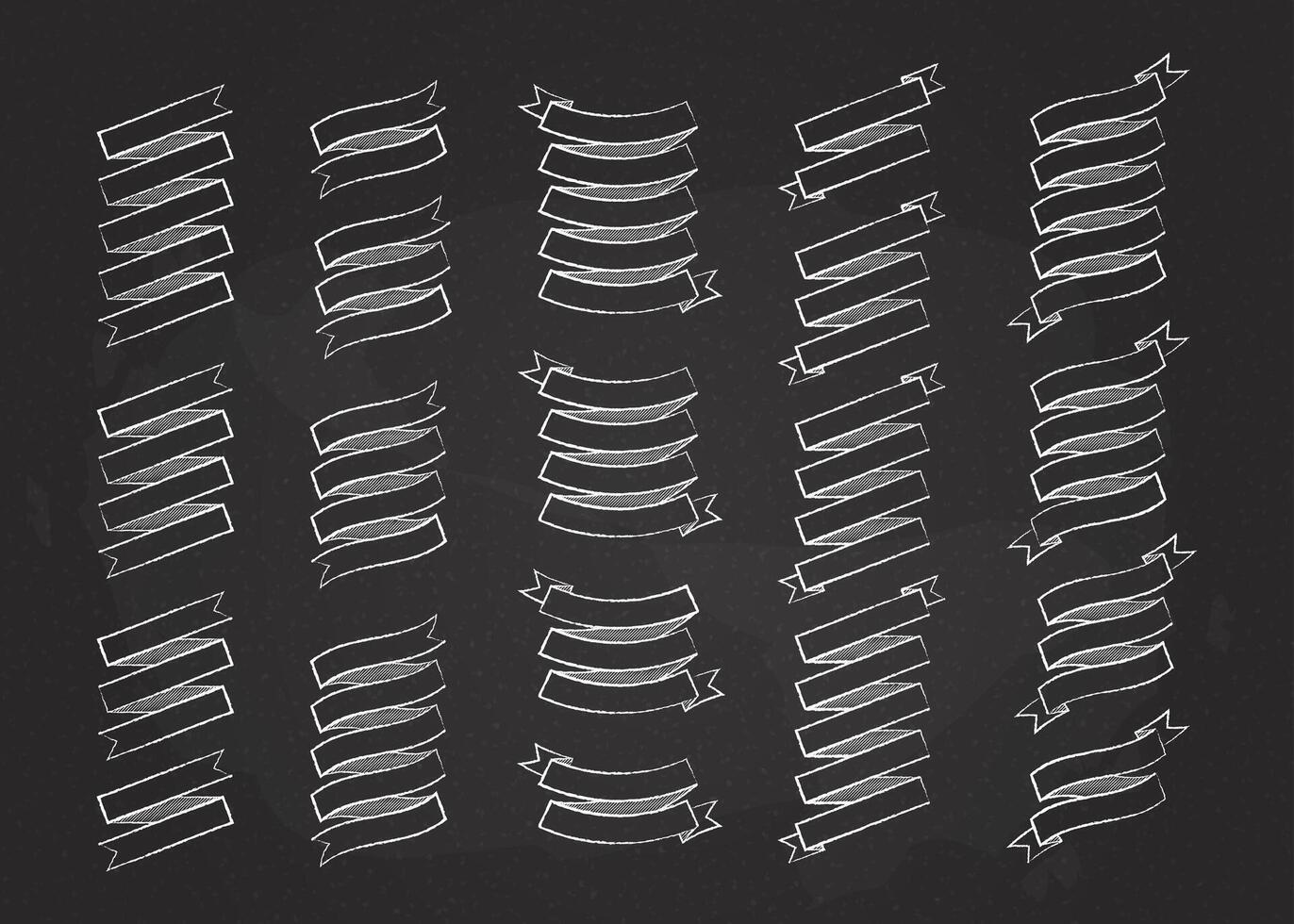 Chalk contour label ribbon set illustration. Big collection of different shapes white chalk stroke ribbon and curved label with empty space for message, isolated on blackboard for special offer vector
