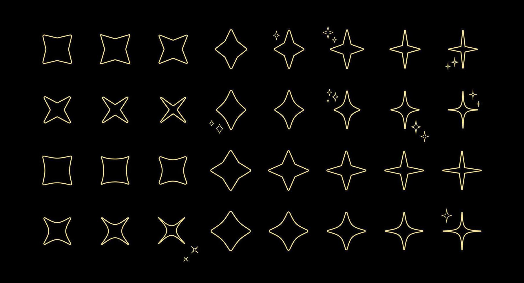 Celebration star sparkle gold contour pattern set. Art deco star twinkle shaped outline pattern collection isolated on black background. New year celebration decoration, birthday party festive graphic vector