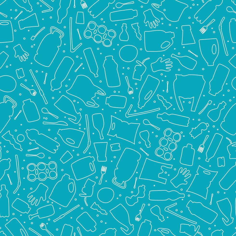 Plastic waste, ocean pollution seamless pattern illustration. Eco problem water pollution trash contour symbol seamless background. Earth day wallpaiper with single use plastic garbage icons vector