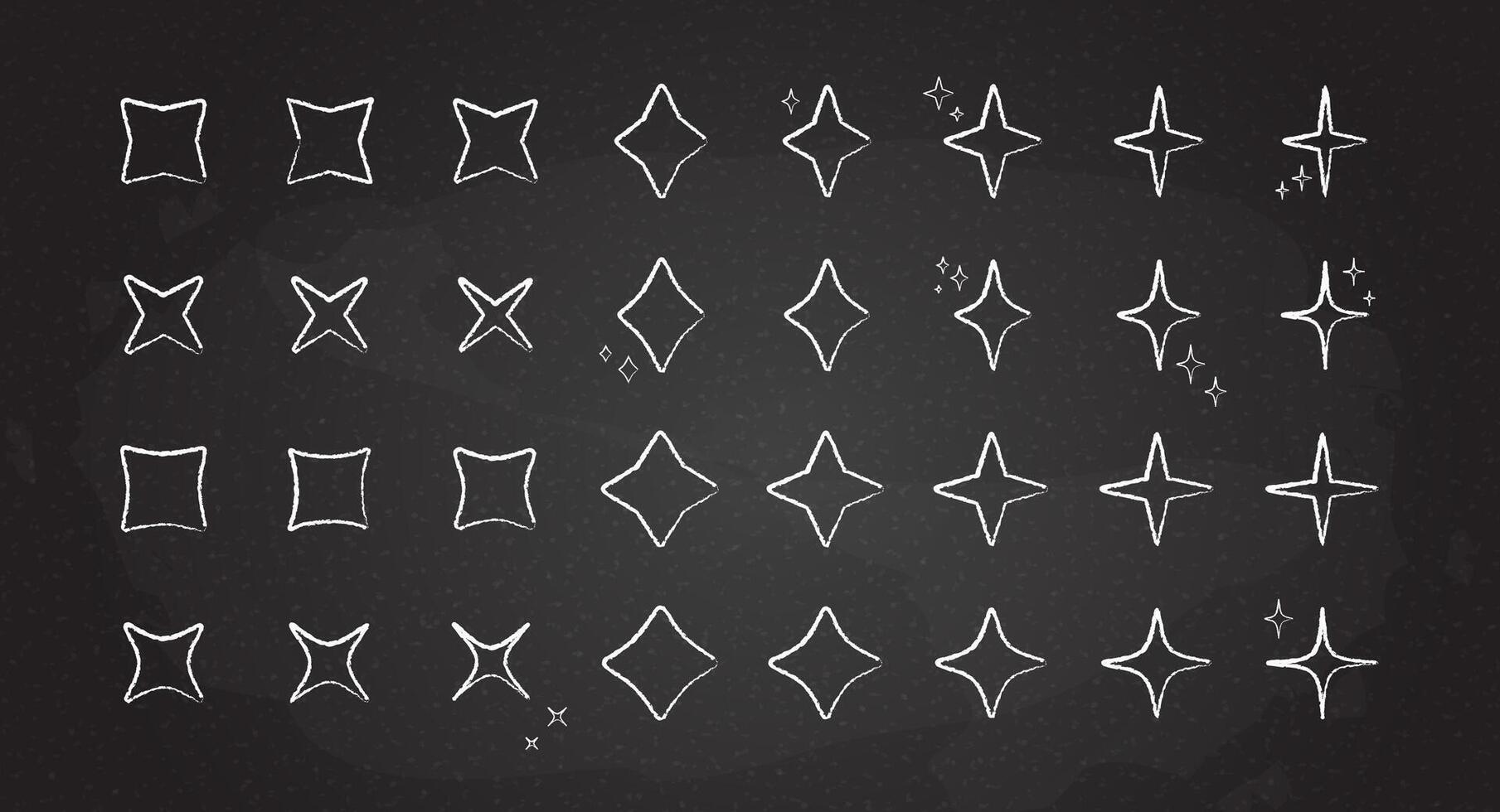 Abstract star twinkle pattern set. White chalk style starburst shine pattern collection isolated on blackboard. School carnival celebration fireworks explosion, birthday party festive decoration, vector