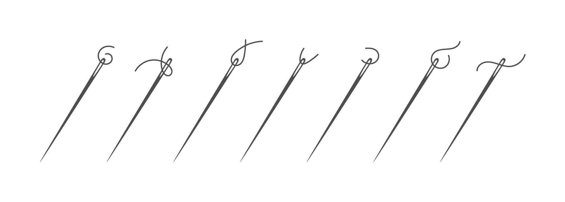 Needle and thread silhouette icon set illustration. Tailor logo with needle symbol and short curvy thread collection isolated on white background. Tailor logo template, fashion icon element vector