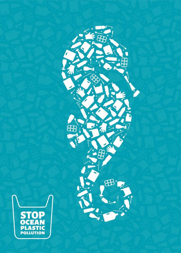 Stop ocean plastic pollution concept illustration. Seahorse marine animal silhouette filled with plastic garbage flat icons. Global environmental problem, prevent ocean pollution ecology banner vector