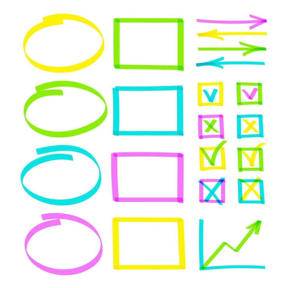 Set of highlighter pen hand drawn elements. Realistic colorful highlight lines circle, oval and square, arrows, graph and check boxes with tick or cross hand drawings. Business illustration. vector