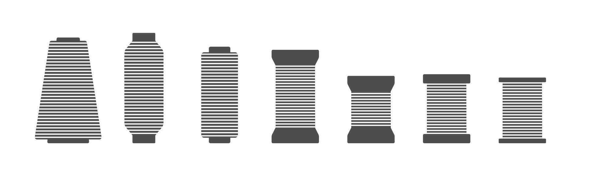 Spool and bobbin silhouette icon set illustration. Black bobbin silhouette with outline needle isolated on white background. Machinery spool instrument, fashion logo, tailor craft equipment vector