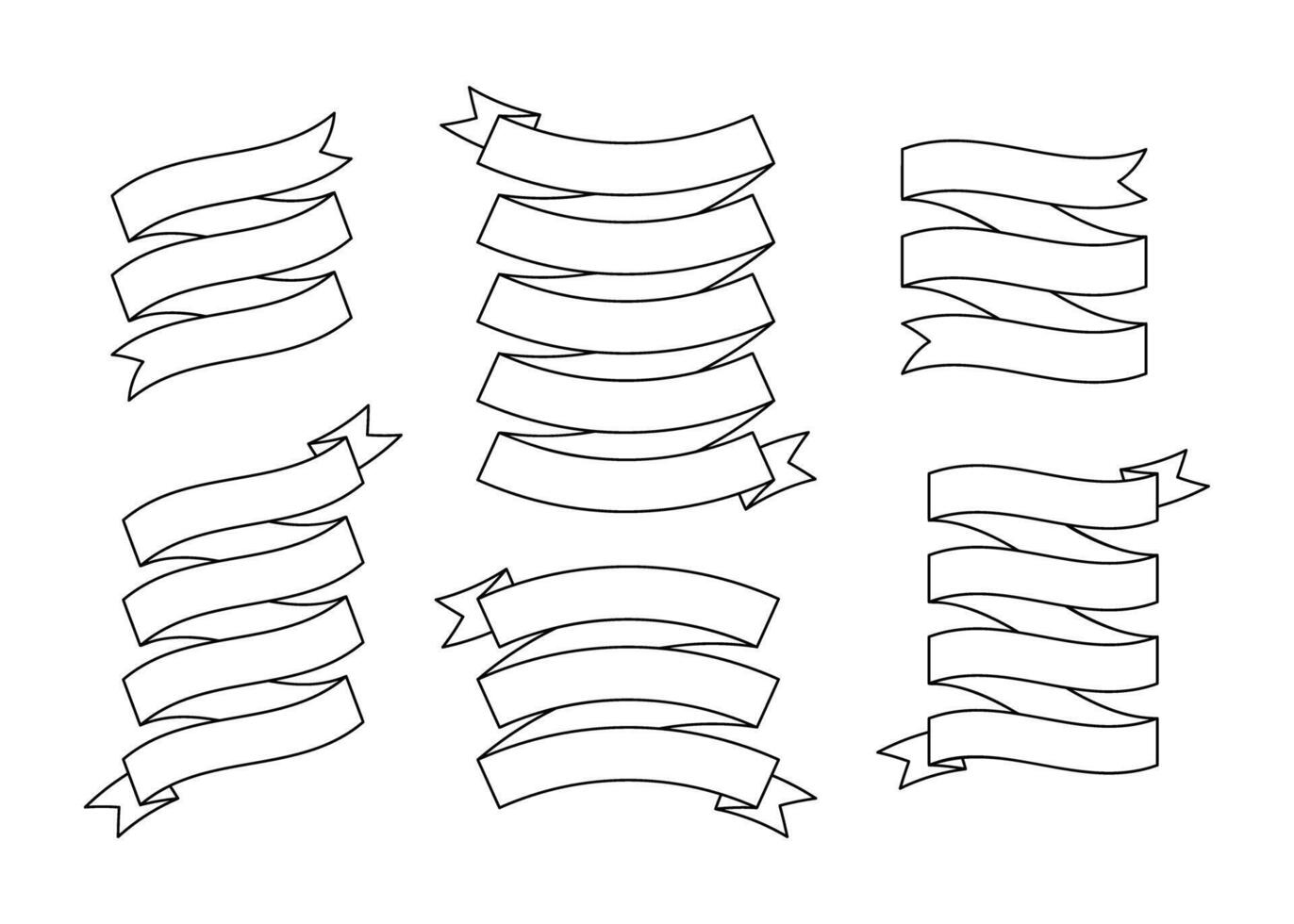 Contour ribbon template banner collection illustration. Big collection of different shapes black stroke ribbons and curved labels with empty spaces for message, isolated on white background vector