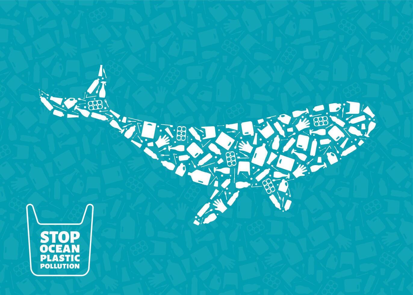 Stop ocean plastic pollution concept illustration. Whale ocean mammal outline filled with plastic waste flat icons. Underwater wildlife danger concept, global environmental problem banner. vector