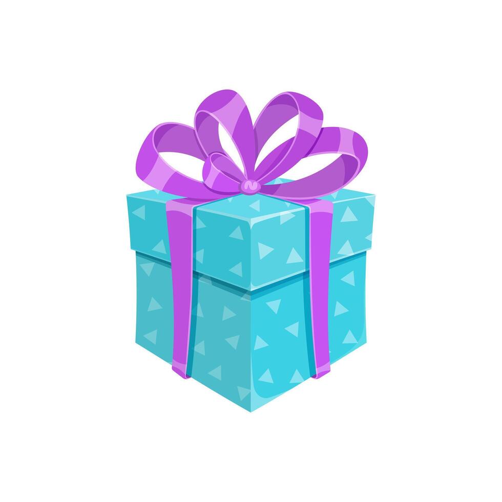 Birthday party or christmas gift box isolated illustration. Cartoon square giftbox with blue wrapping paper, violet ribbon and bow. Contest winner prize box or reward celebration gift package vector
