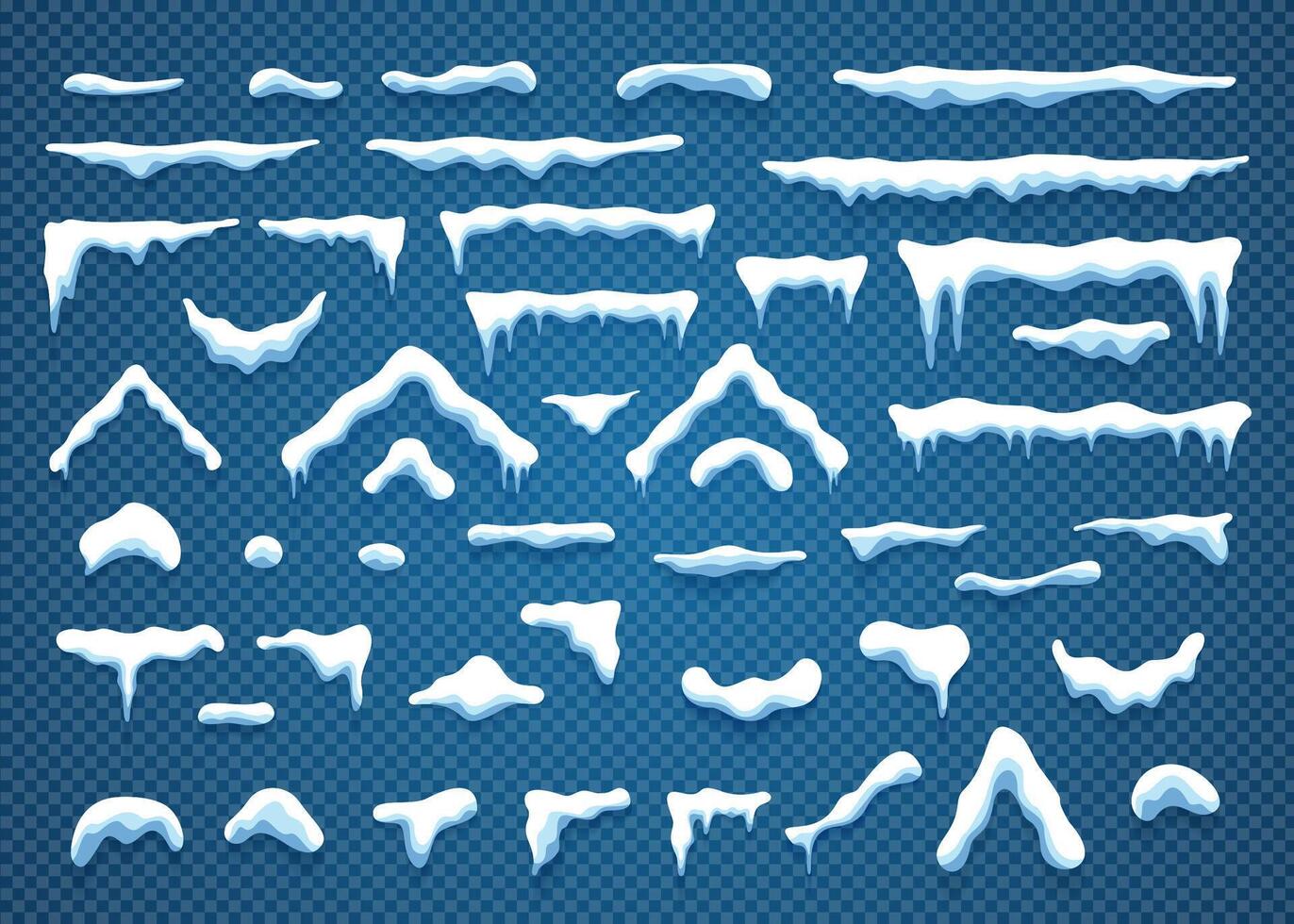 Snowcaps with snowflakes and icicles illustration collection. Horizontal and triangle white snow caps with icicle and snowflake isolated on blue background for winter ornament decoration vector