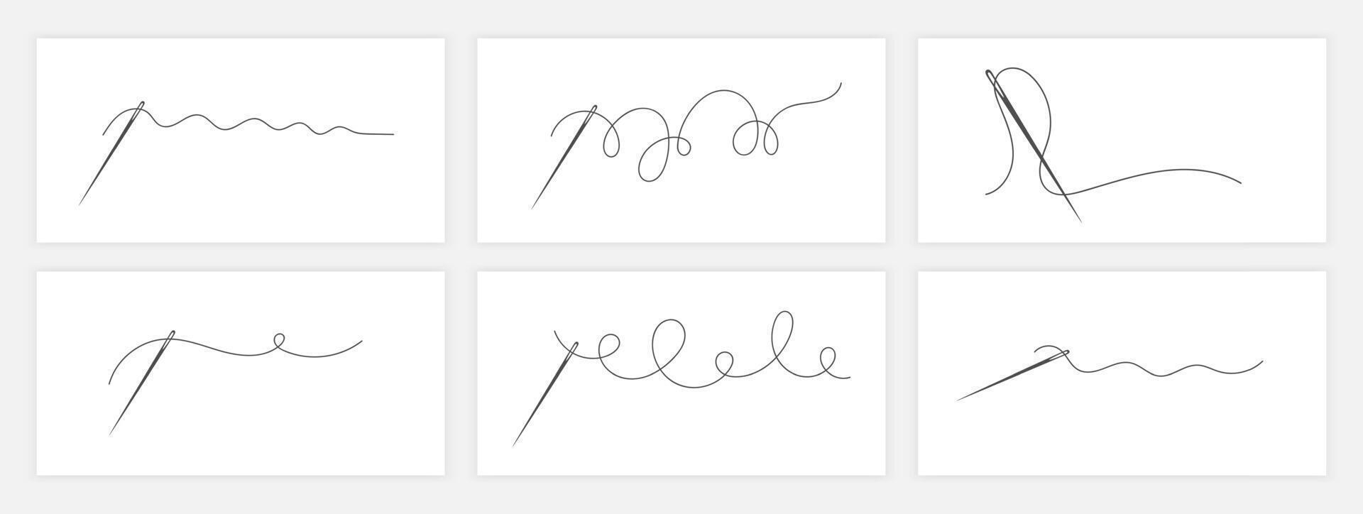 Needle and thread silhouette icon set illustration. Tailor logo with needle symbol and curvy thread collection isolated on white background. Tailor logo template, fashion icon element vector