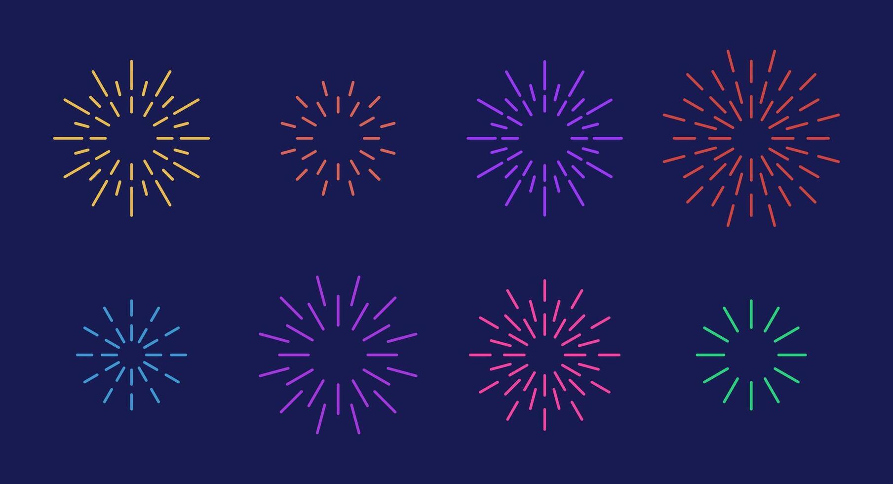 Celebration star fireworks burst pattern set. Flat colorful star shaped firework pattern collection isolated on blue background. New year celebration decoration, birthday party festive graphic design vector
