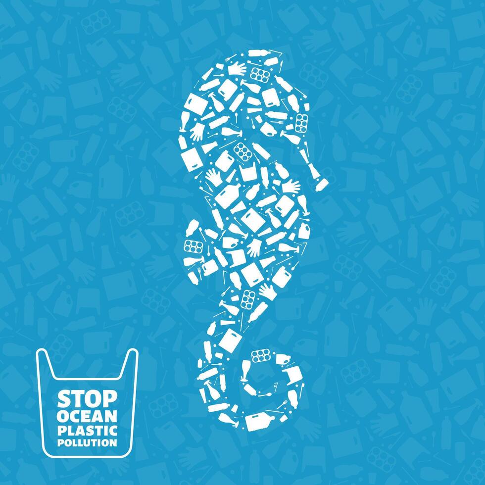 Stop ocean plastic pollution concept illustration. Seahorse ocean fish outline filled with plastic waste flat icon. Underwater wildlife danger concept, global environmental problem banner. vector