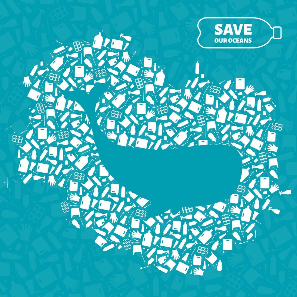 Stop ocean plastic pollution concept illustration. Whale ocean mammal outline cut in plastic waste flat icon patch. Underwater wildlife danger concept, global environmental problem banner. vector