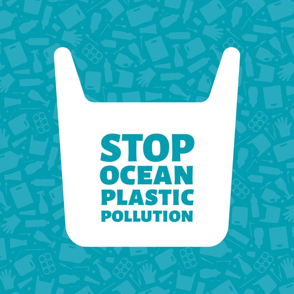 Stop ocean plastic pollution concept illustration. Single use plastic bag with sign on trash background Prevent ocean pollution ecology concept, sustainable lifestyle graphic. vector
