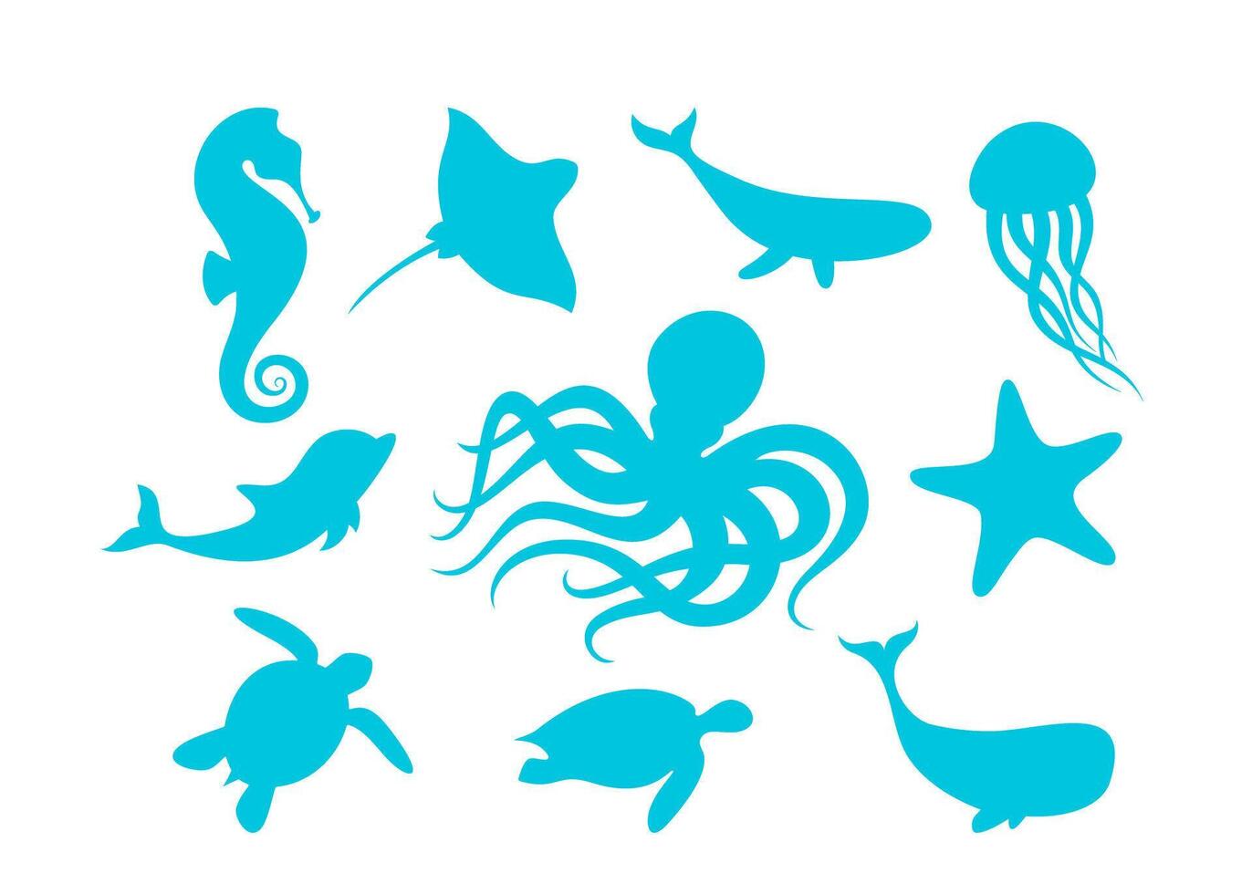 Marine animals outline set illustration. Isolated silhouettes of marine mammals and fishes collection on white background. Blue whale, octopus and turtle, dolphin, ray and seahorse. vector