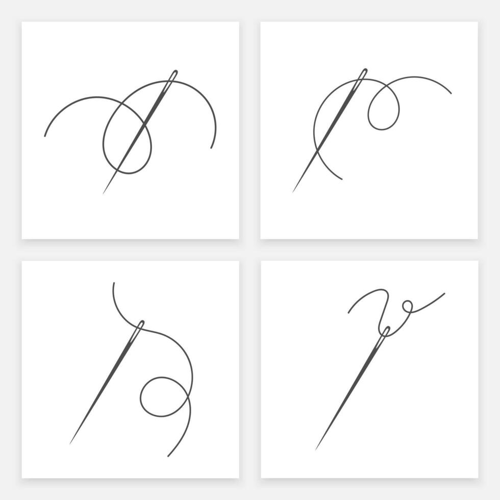 Needle and thread silhouette icon set illustration. Tailor logo with needle symbol and curvy thread collection isolated on white background. Handmade craft symbol, tailor skill equipment vector