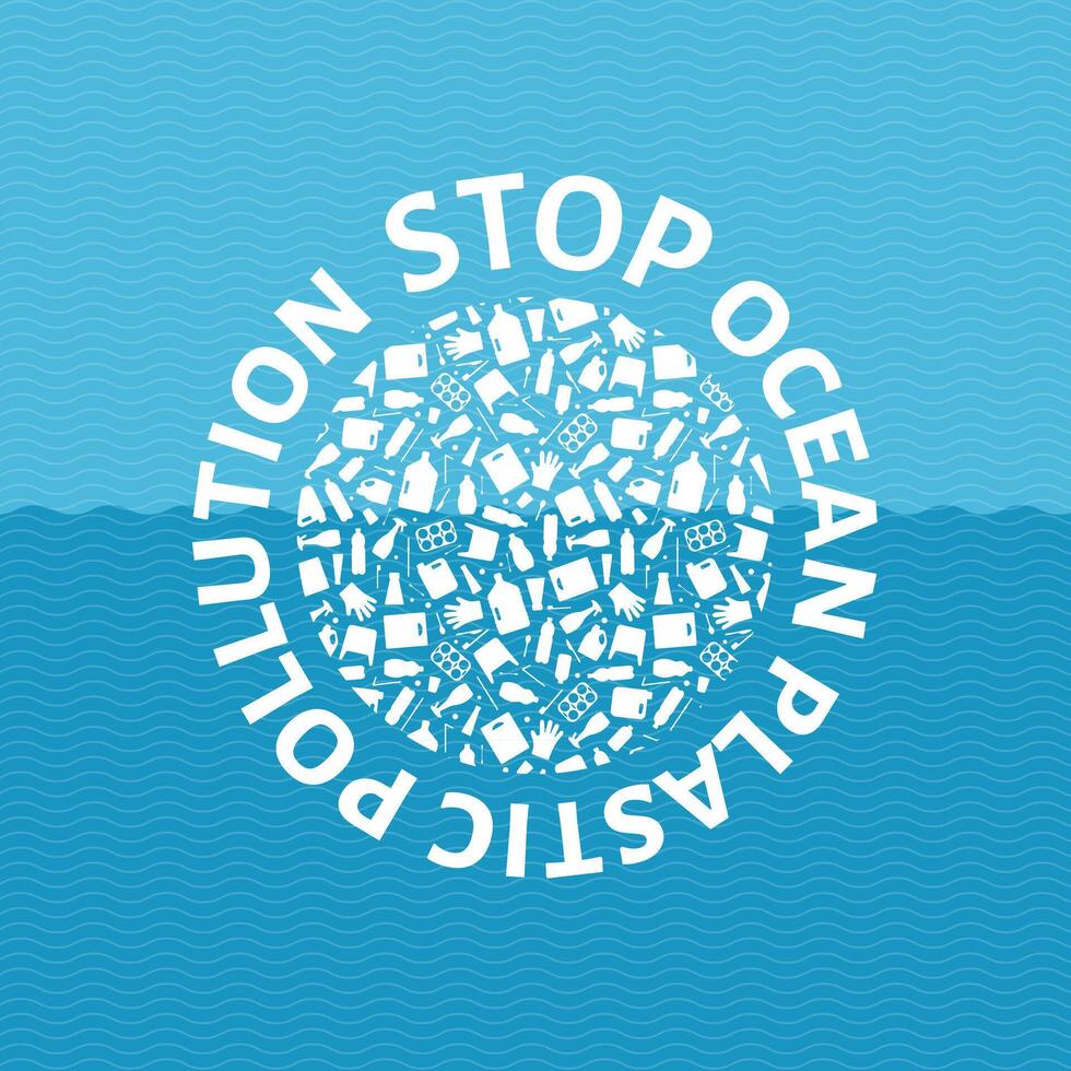 Stop ocean plastic pollution concept illustration. Circle globe filled with plastic trash flat icons and round sign. Prevent ocean pollution ecology concept, sustainable lifestyle graphic vector