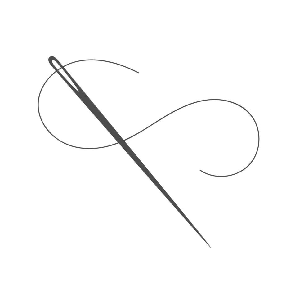 Needle and thread silhouette icon illustration. Tailor logo with needle symbol and curvy thread isolated on white background. Tailor sign template, sewing instrument design, fashion icon vector