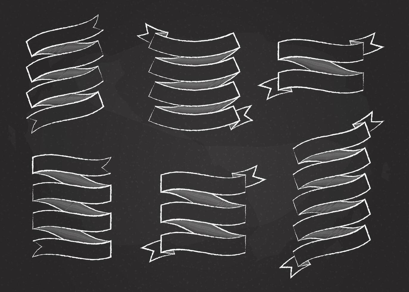 Chalk stroke ribbon template banner collection illustration. Chalk style curved shape white ribbons, scroll flags or curled labels with blank space for message, isolated on blackboard vector
