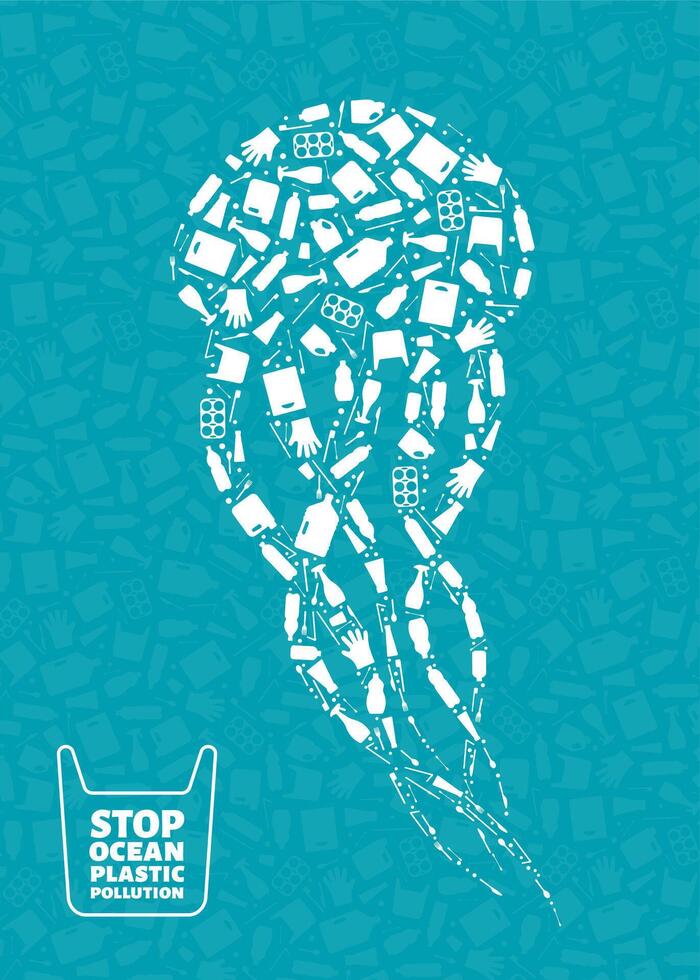 Plastic trash planet pollution concept illustration. Jellyfish ocean animal outline filled with plastic waste flat icon. Zero waste concept, microplastic pollution problem graphic. vector