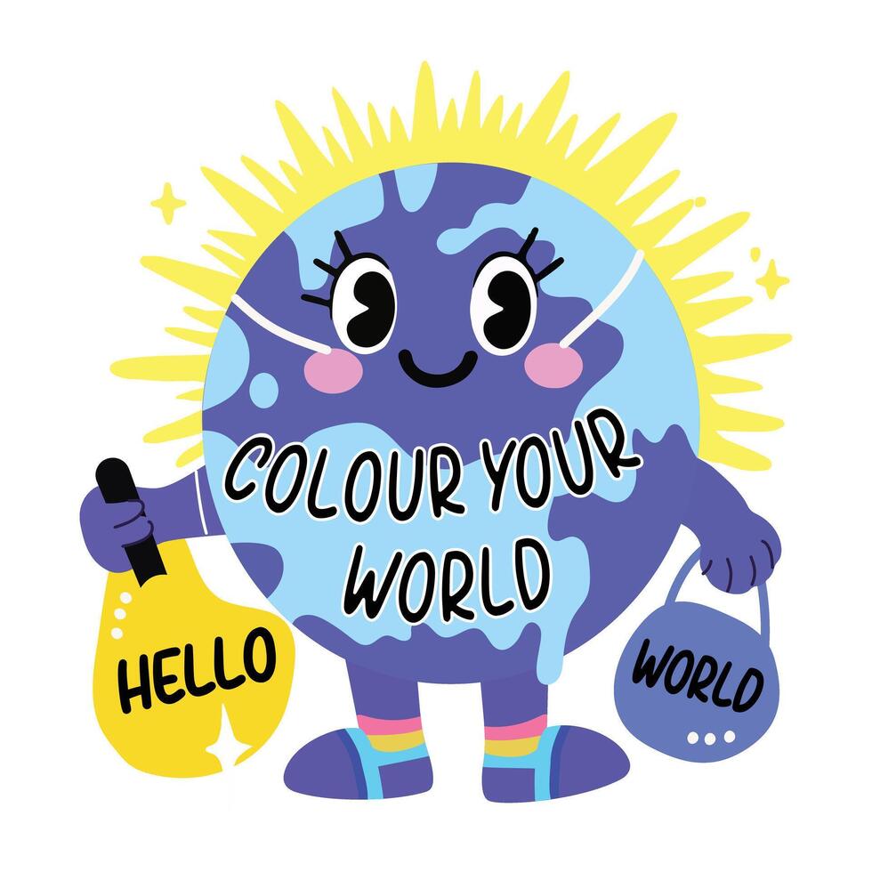 A flat sticker of a cute earth character with colour your world text vector