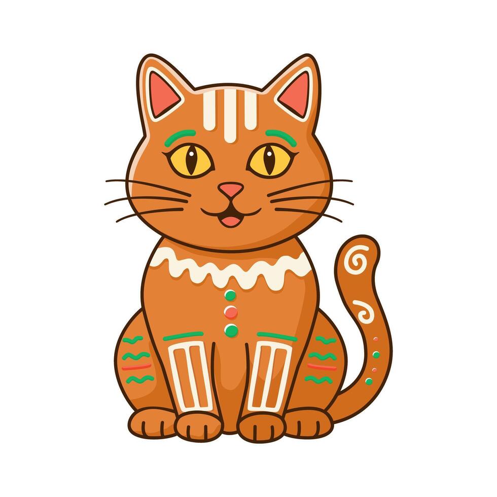 Festive Gingerbread Cat with Colorful Details Isolated on White vector