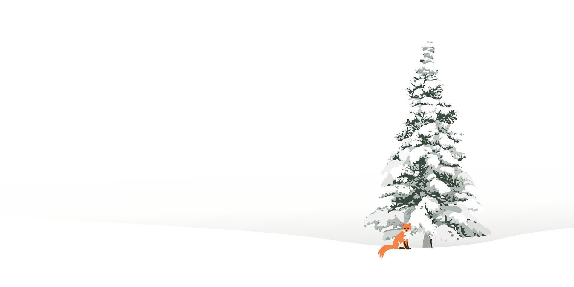 Minimalist snowscape have lonely pine tree and fox with white background graphic illustration. Merry Christmas and Happy New Year greeting card template have blank space. vector