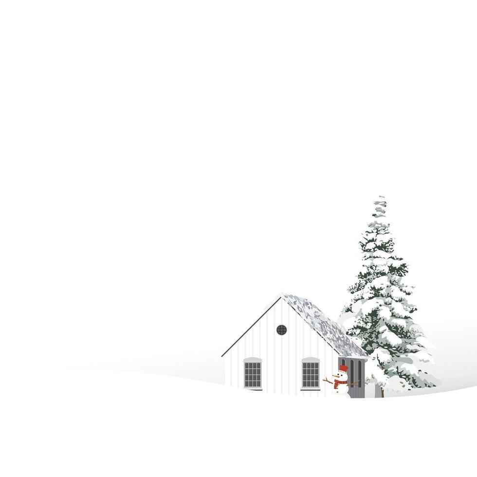 Minimalist snowscape have lonely pine tree, log cabin and snowman with white background graphic illustration. Merry Christmas and Happy New Year greeting card square template have blank space. vector