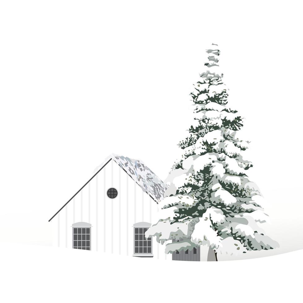 Minimalist snowscape have lonely pine tree and log cabin with white background graphic illustration. Merry Christmas and Happy New Year greeting card square template have blank space. vector