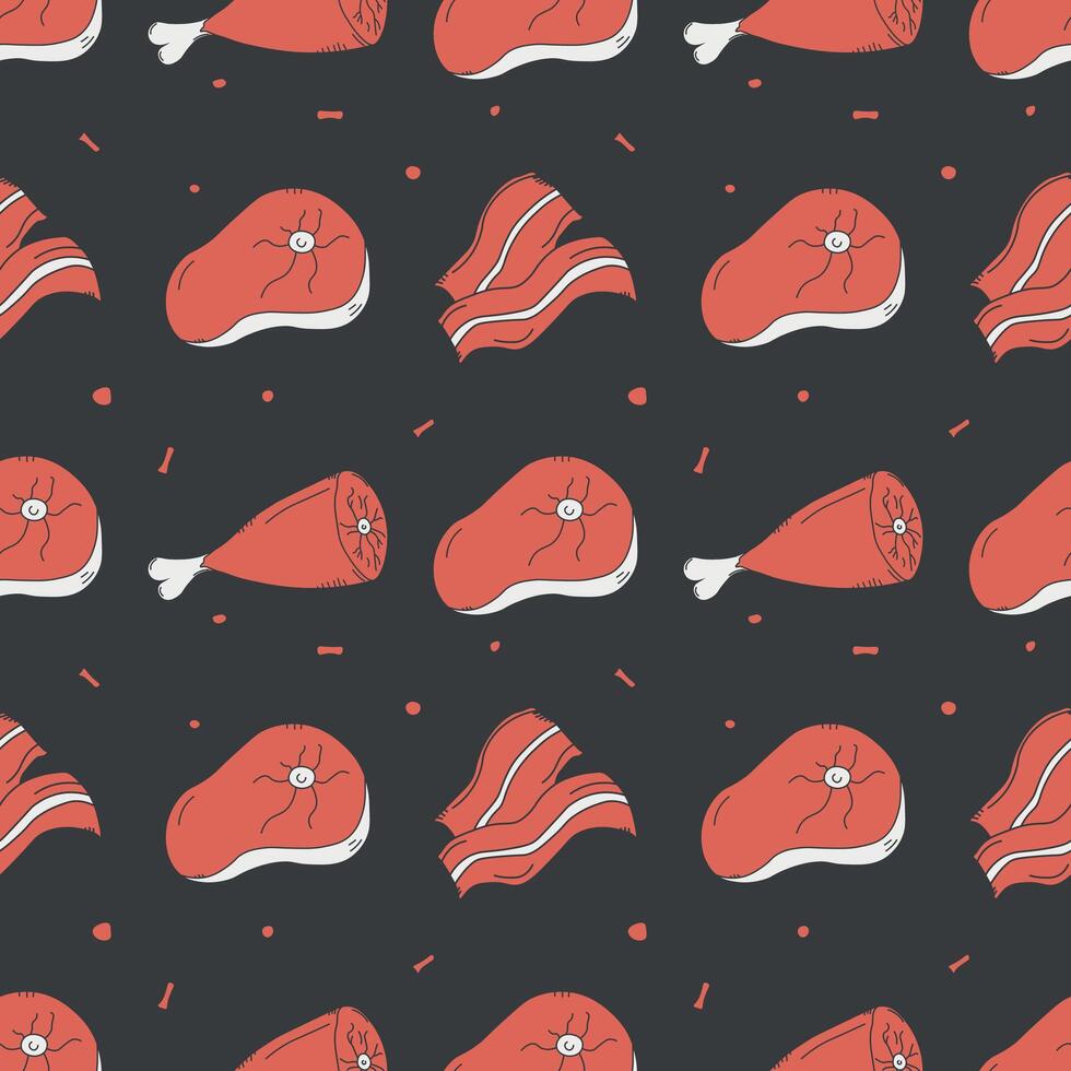 Seamless meat pattern. Doodle meat background. illustration with meat products icons vector