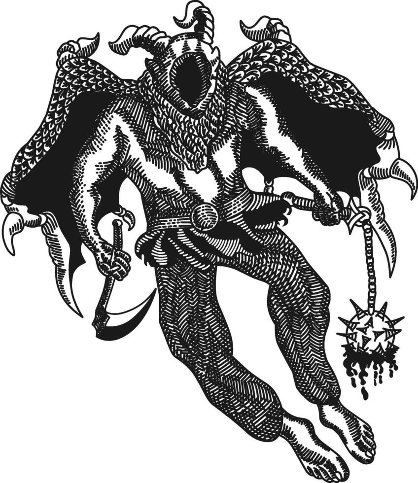 engraving illustration chimera warrior. Bony wings, horns, and a deep, cosmic facial cavity. Wielding a sickle and spiked battle pose vector
