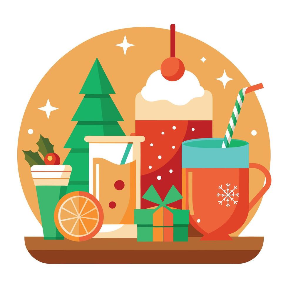 Festive drinks and Christmas decor on a wooden backdrop vector