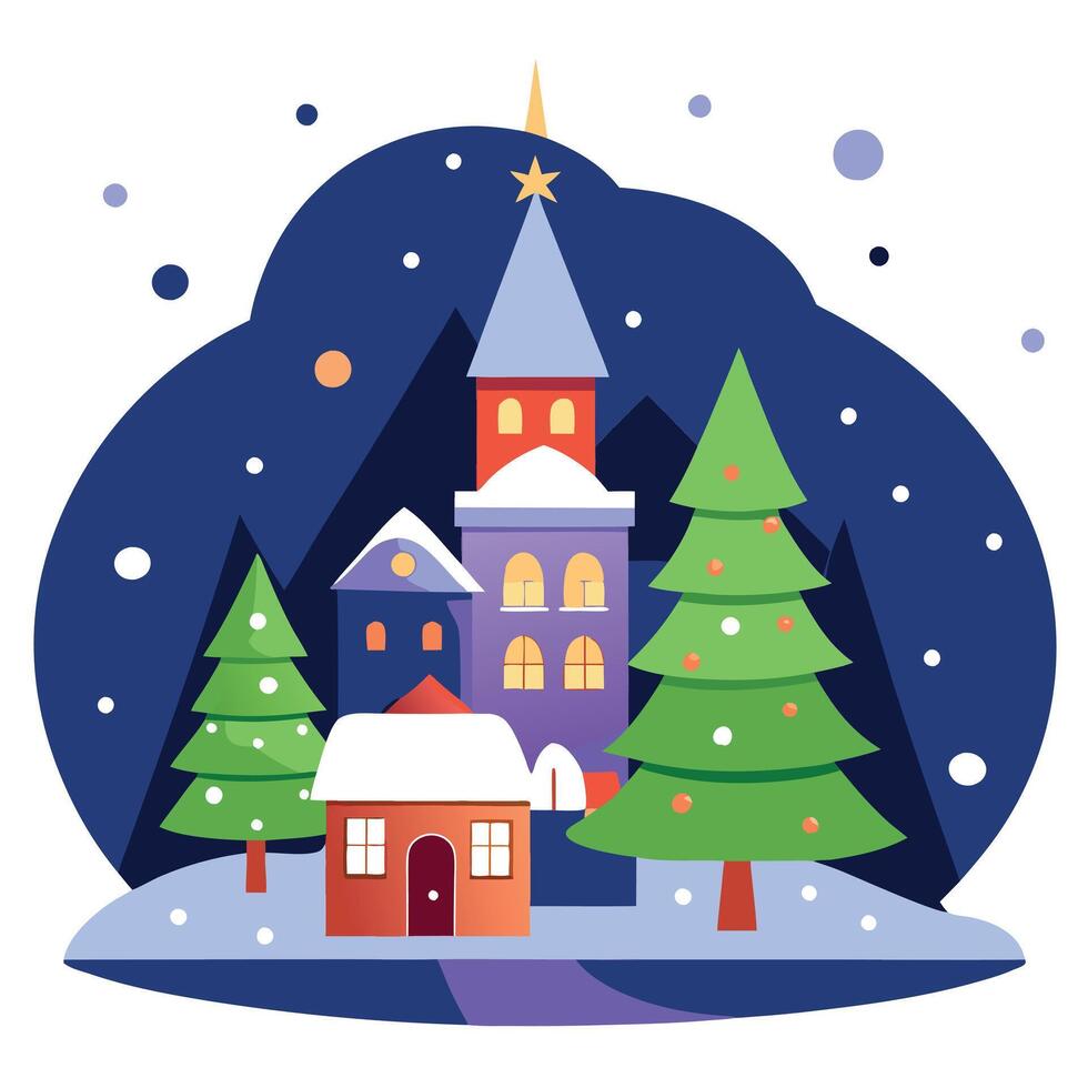 Christmas tree in the night - european village - snowflakes in the winter at christmas vector