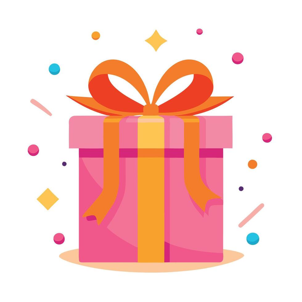 Illustration of pink gift with bright orange bow and ribbon placed on pink background near confetti vector