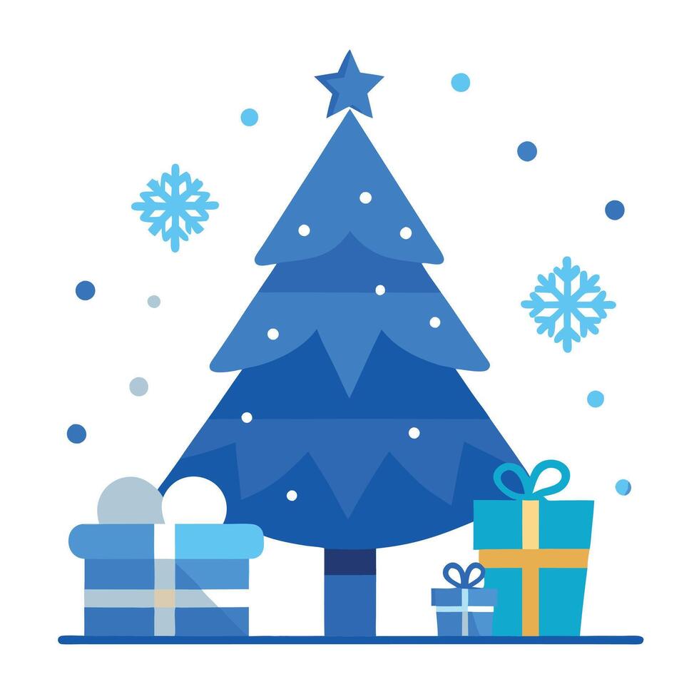 A blue christmas tree with presents under it in the snow with snowflakes and a star on top of it. vector