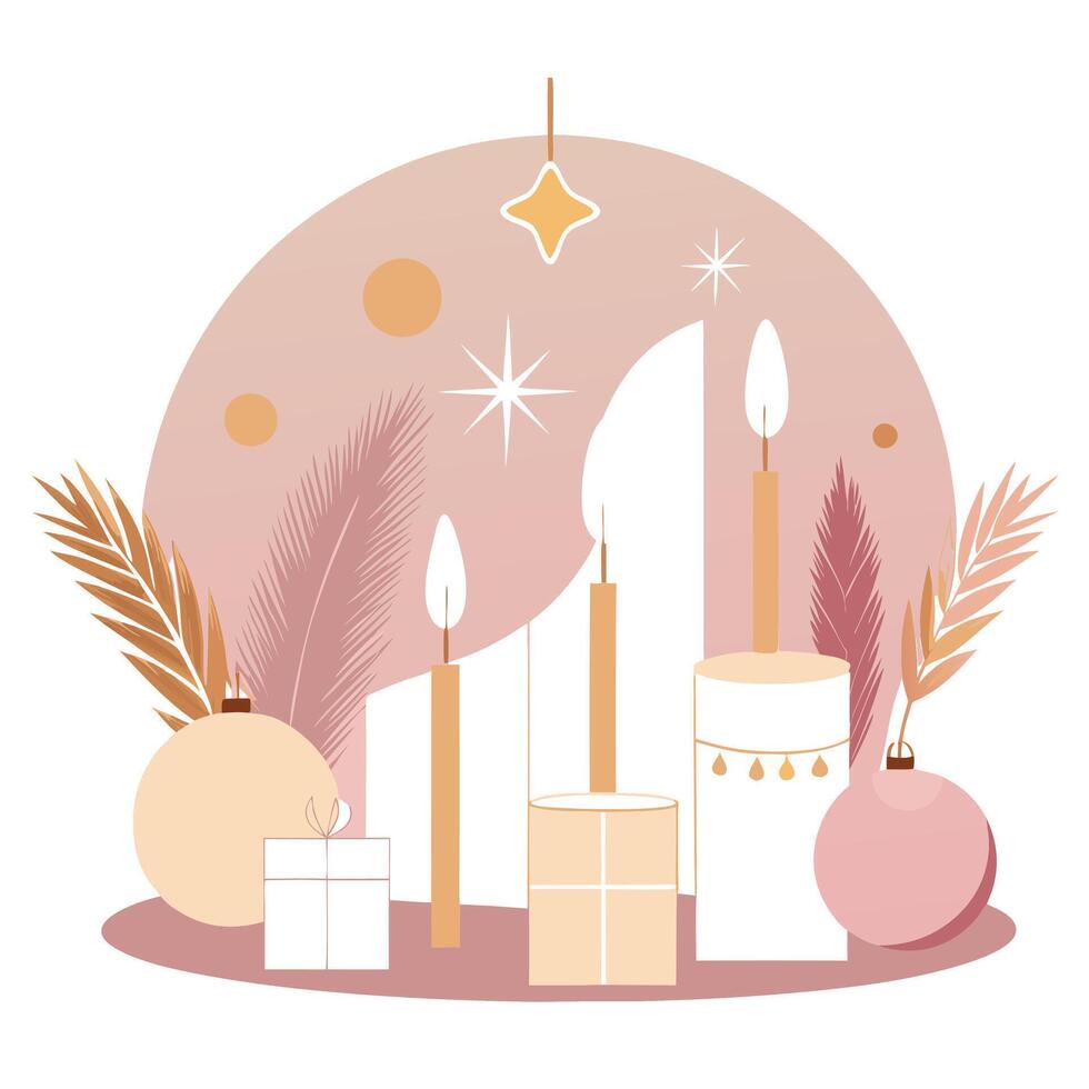 Luxury Pastel Pink and Gold Christmas Scene. Seasonal Decorations with Pampas Grass and Candles. vector