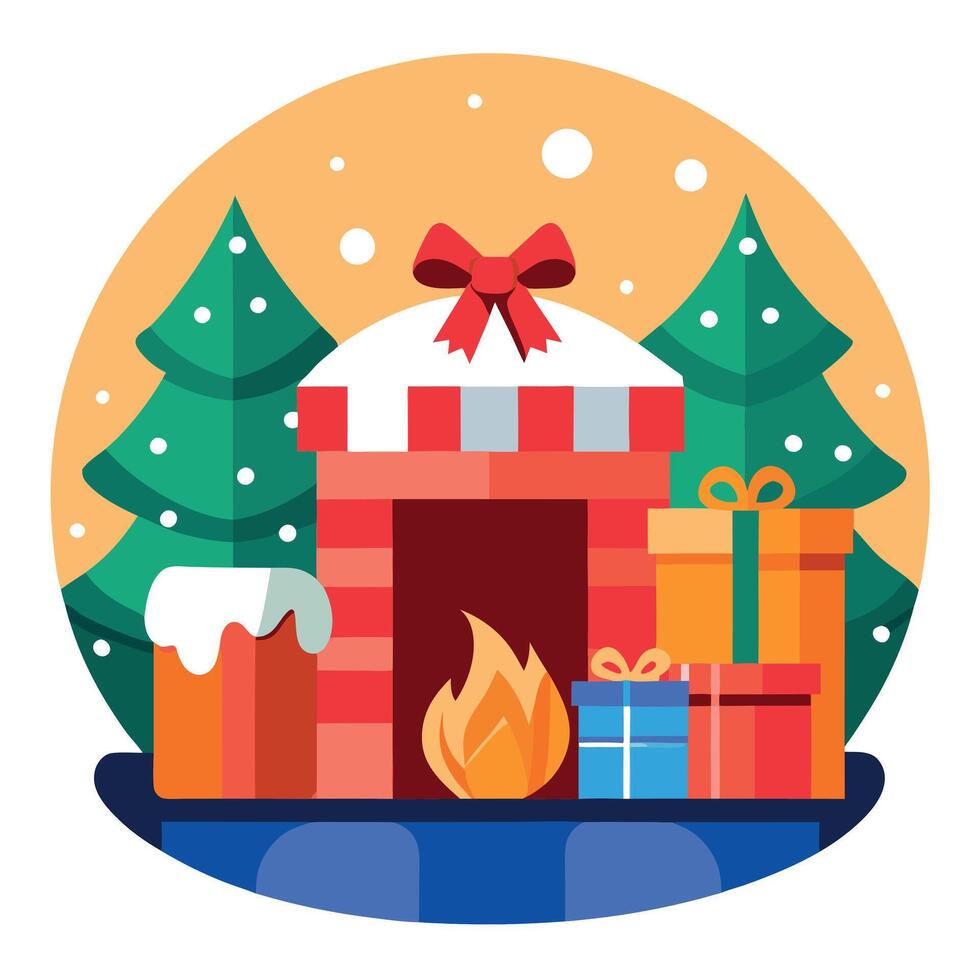 A warm Christmas background with gifts and a fireplace vector