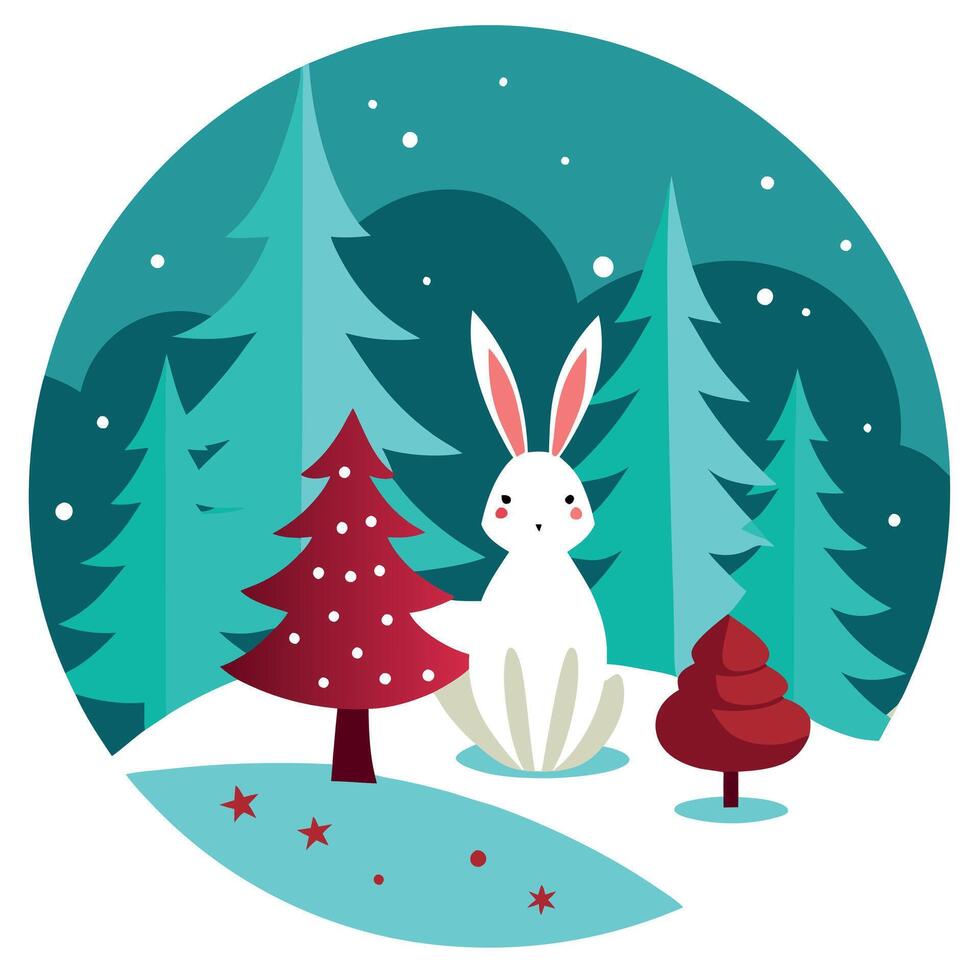 Rabbit in the winter forest christmas background color art vector