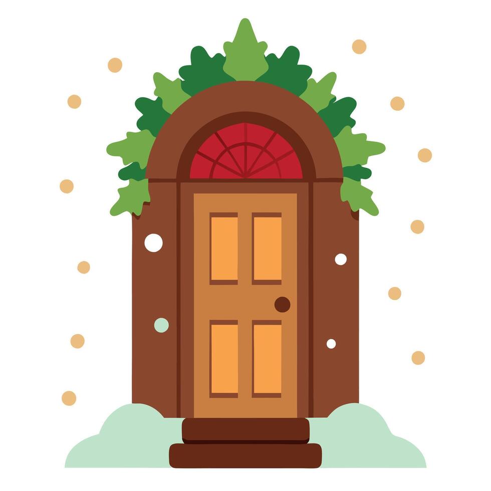 Wooden front door with christmas wreath and snow on it vector