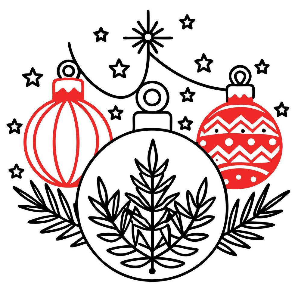 A red background with christmas decorations and fir branches on it vector