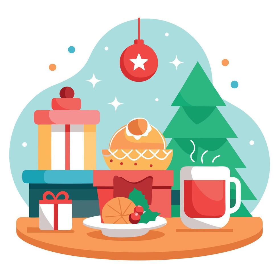 Background with christmas breakfast with decorations on a table vector