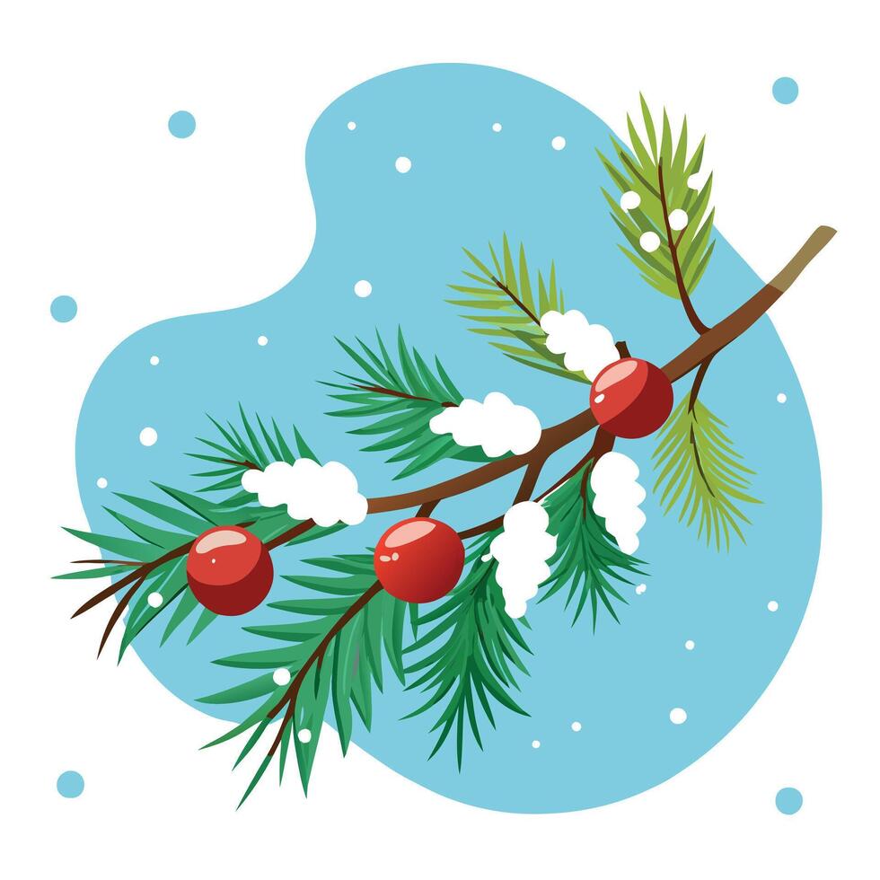Frosty conifer branch. cones and christmas decorations on snowfall with copy space vector