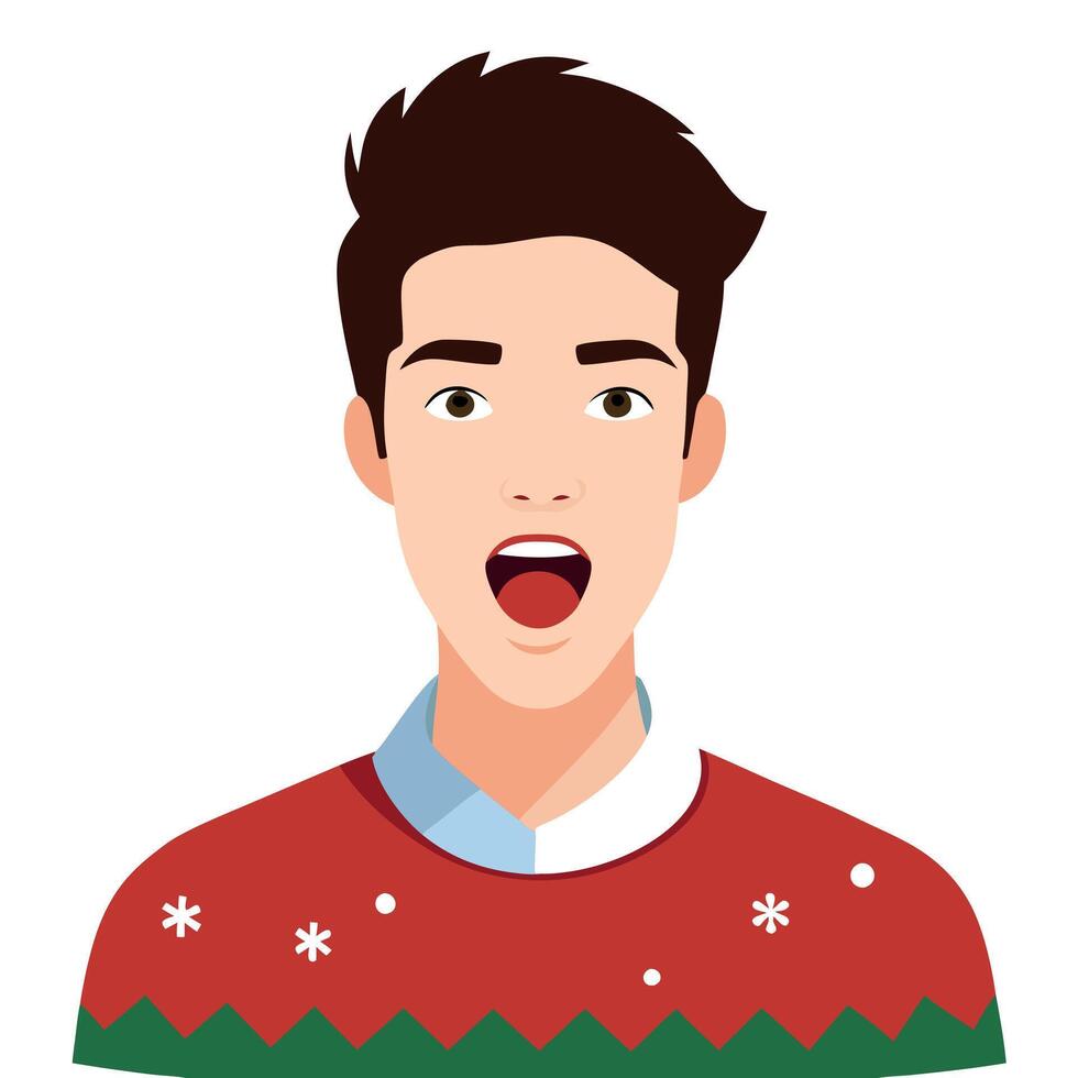 Portrait of a handsome young man with christmas sweater and wide open mouth vector