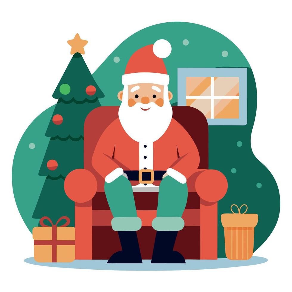 Traditional Santa Claus sitting in his arm chair in a Christmas decorated living room vector
